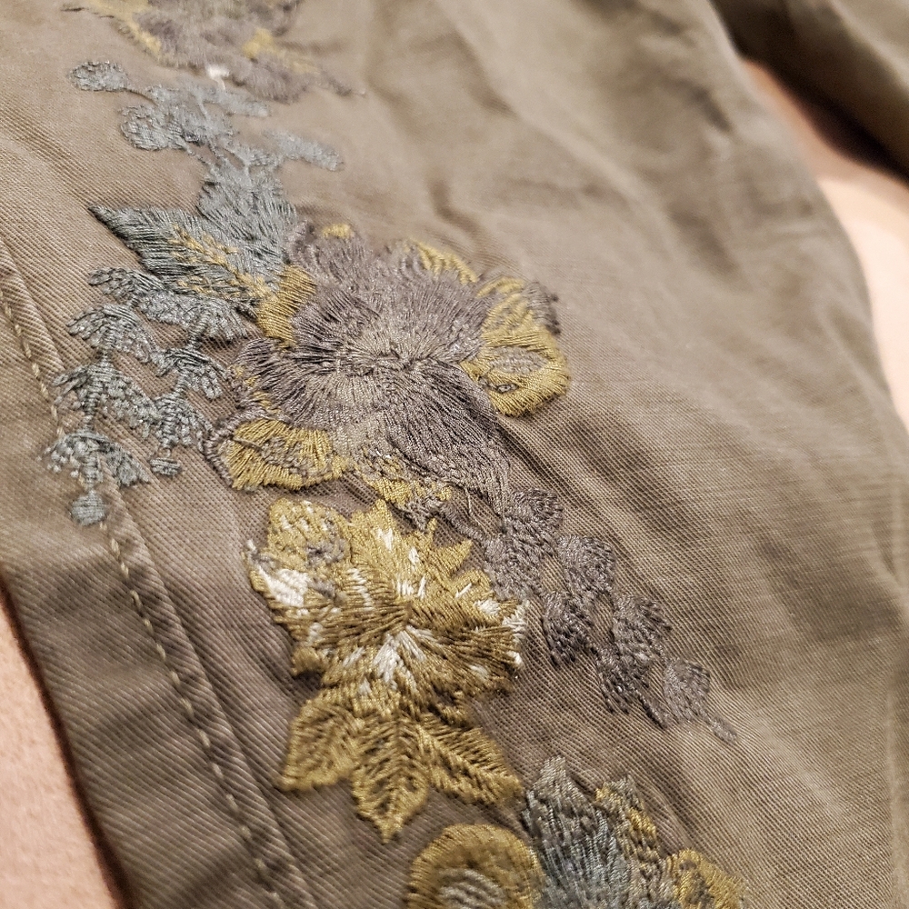 next | High Rise Skinnies | Olive Green + Floral Embroidery